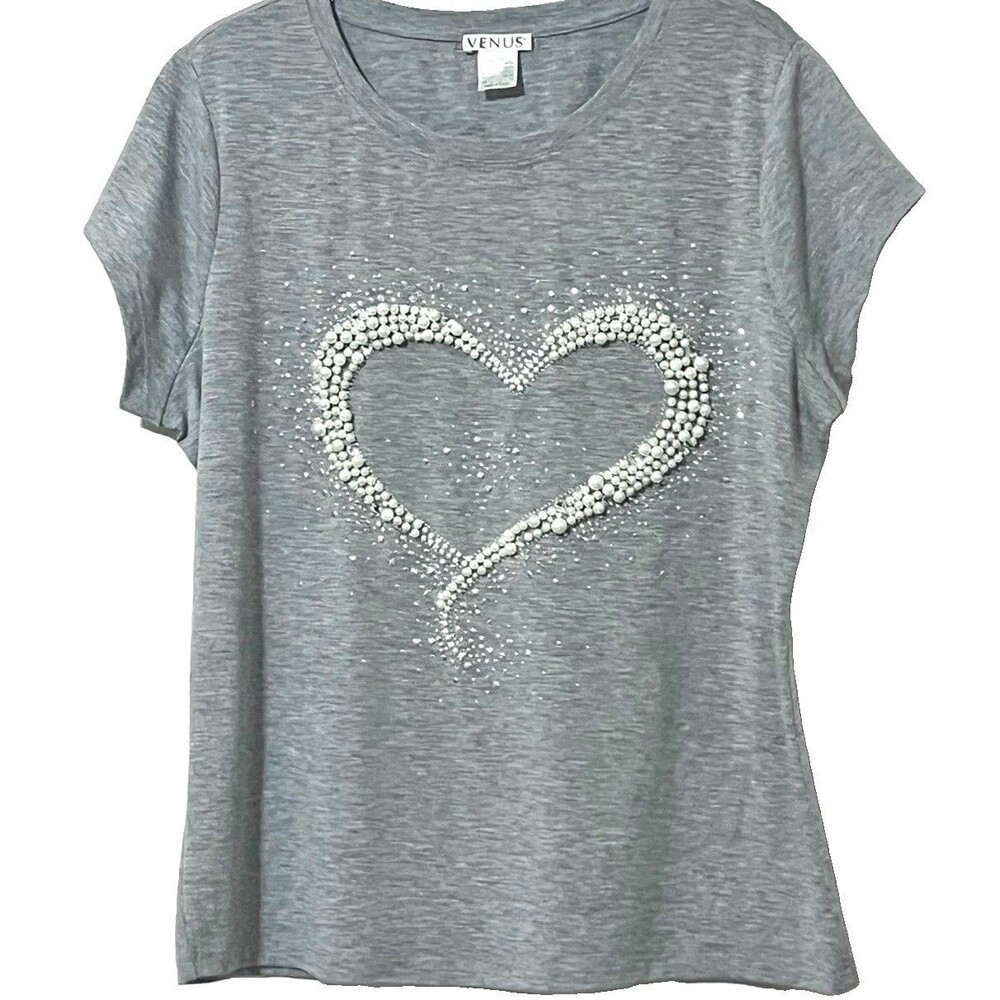 Venus Pearl / Rhinestone Embellished TShirt Top Grey Heart Design Women’s Large